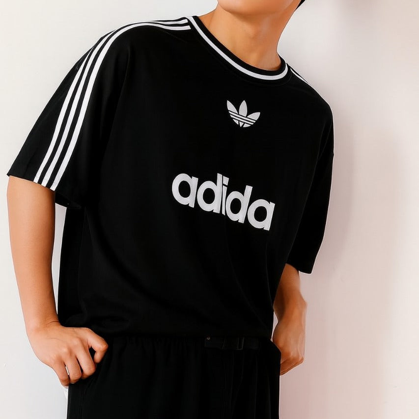 ADI Black Drop shoulder Stripes Puff Print T shirt