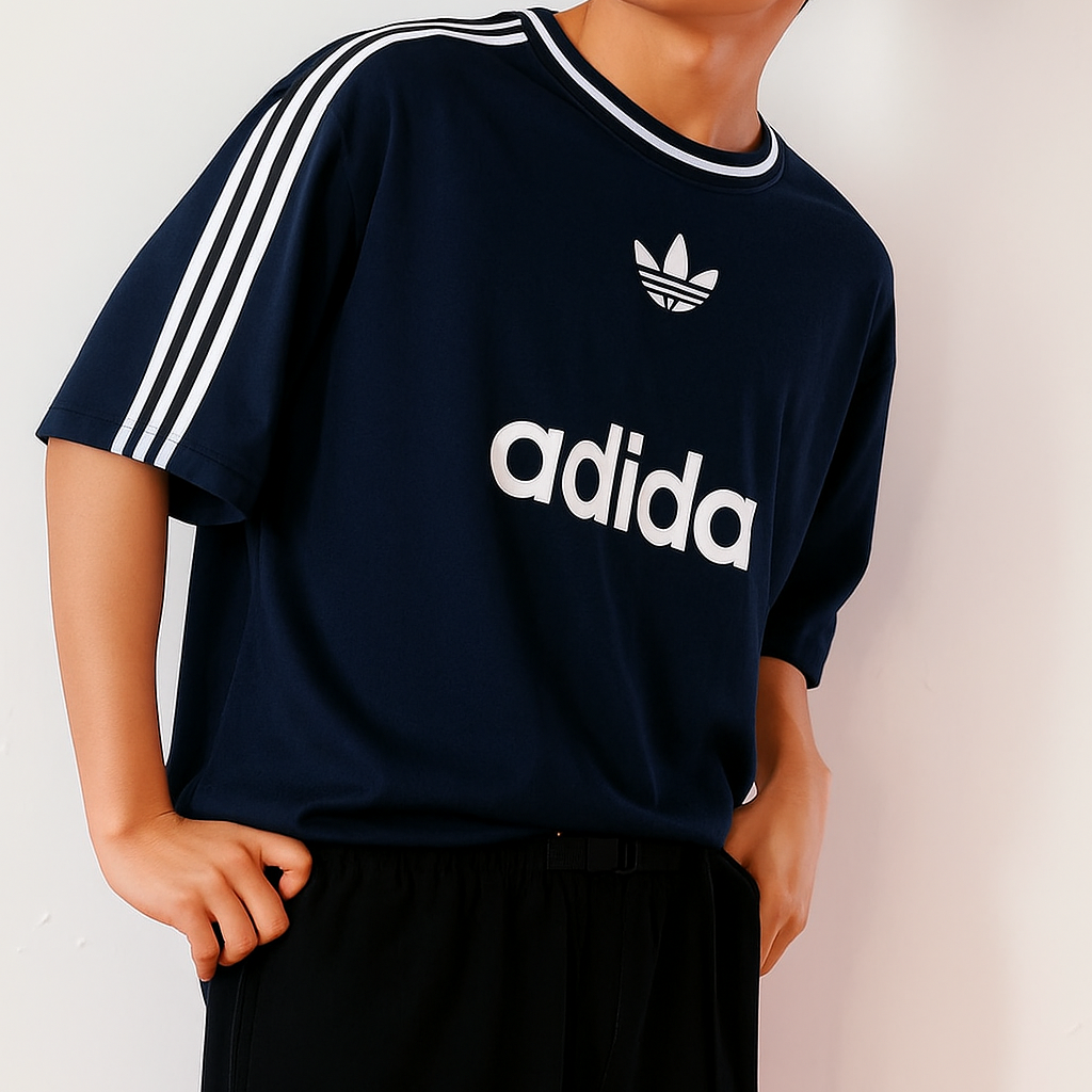 ADI Navy Drop shoulder Stripes Puff Print T shirt