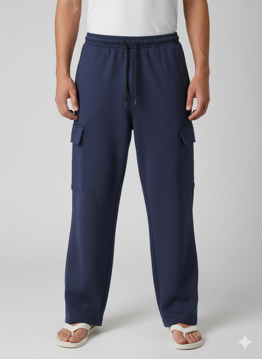 Cotton Fleece Navy Loose Bottom Cargo Trouser