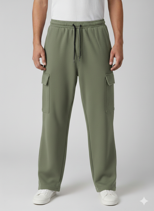 Cotton Fleece Military Green Loose Bottom Cargo Trouser