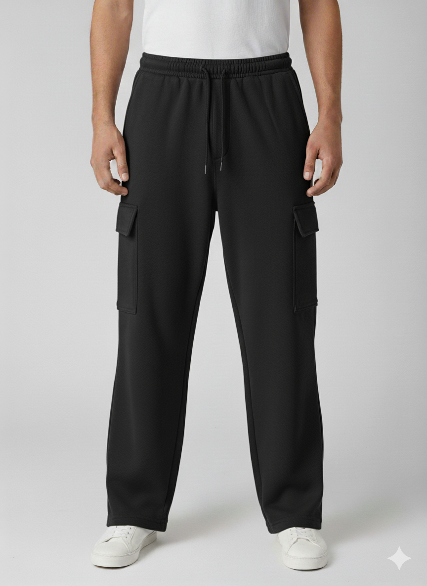 Cotton Fleece Loose Bottom Cargo Trouser Black