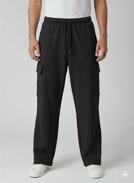 Cotton Fleece Black Loose Bottom Cargo Trouser