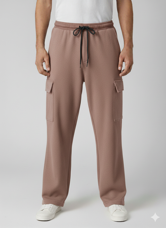 Cotton Fleece Brown Loose Bottom Cargo Trouser