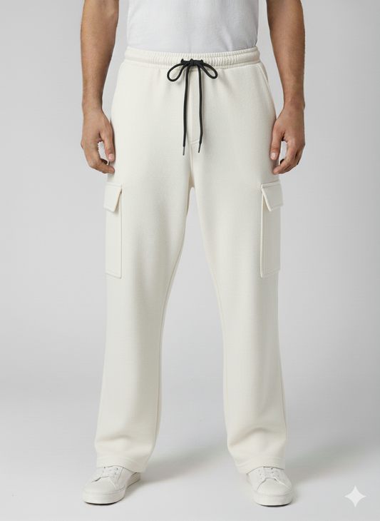 Cotton Fleece Off White Textured Loose Bottom Cargo Trouser