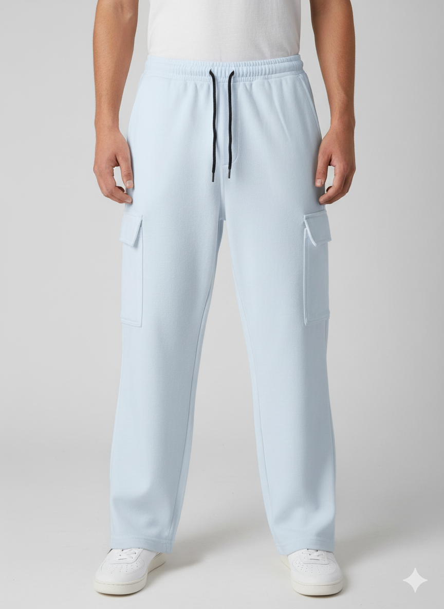 Cotton Fleece Pearl Blue Loose Bottom Cargo Trouser