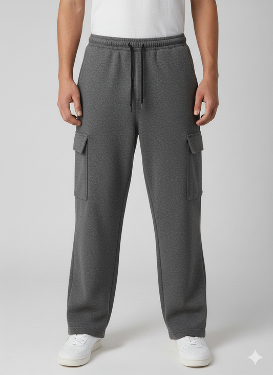 Cotton Fleece Metal Grey Loose Bottom Cargo Trouser