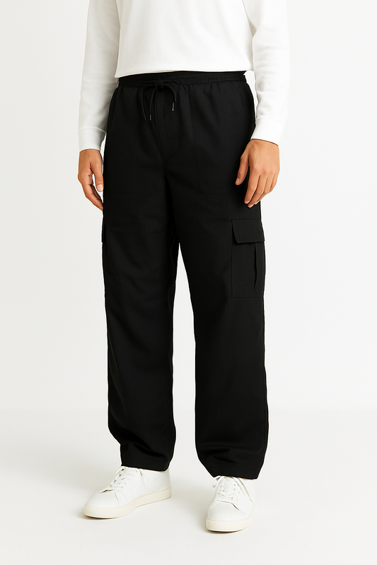 Modre Black Men Cargo Loose Bottom Trousers