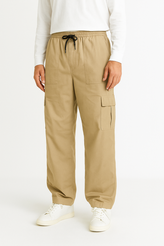 Modre Beige Men Cargo Loose Bottom Trousers