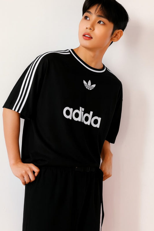 ADI Black Drop shoulder Stripes Puff Print T shirt (Copy) (Copy)