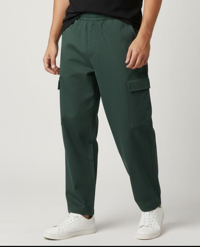 Cotton Fleece Bottel Green Loose Bottom Cargo Trouser