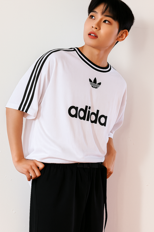 ADI White Drop shoulder Stripes Puff Print T shirt
