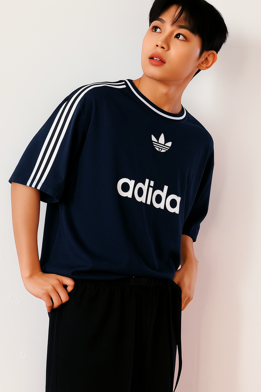 ADI Navy Drop shoulder Stripes Puff Print T shirt