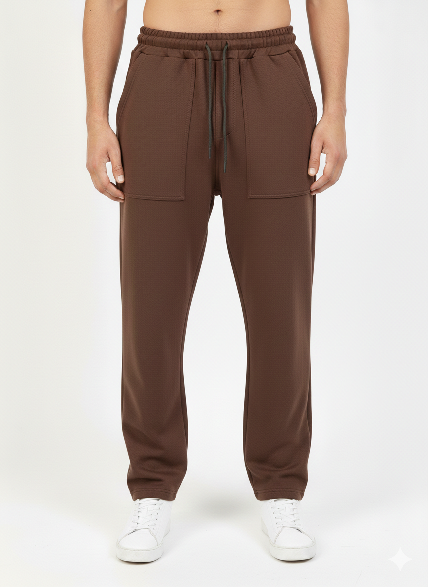 Patch Pocket terry Lycra Loose Bottom Trouser Brown