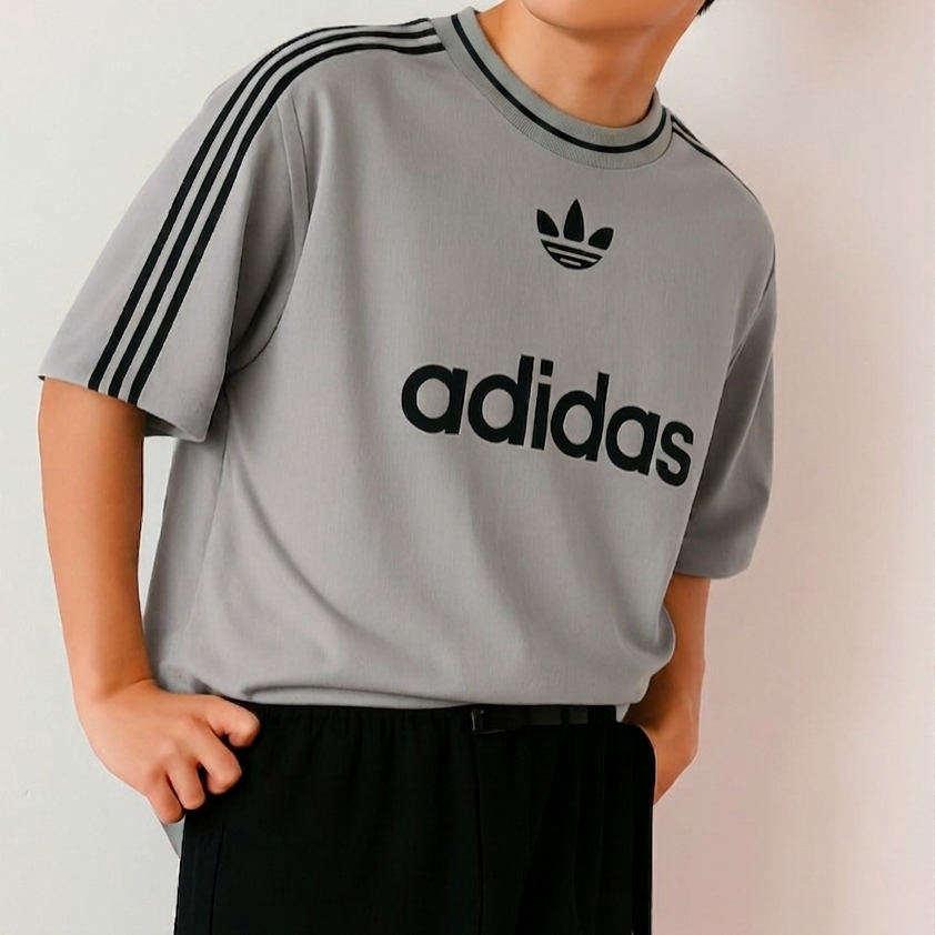 ADI Grey Drop shoulder Stripes Puff Print T shirt