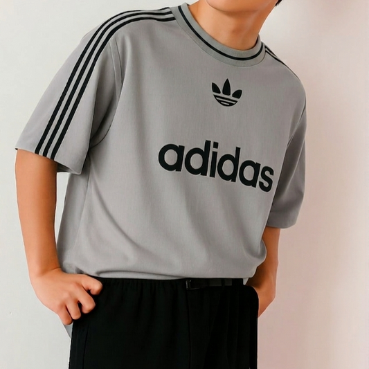 ADI Grey Drop shoulder Stripes Puff Print T shirt