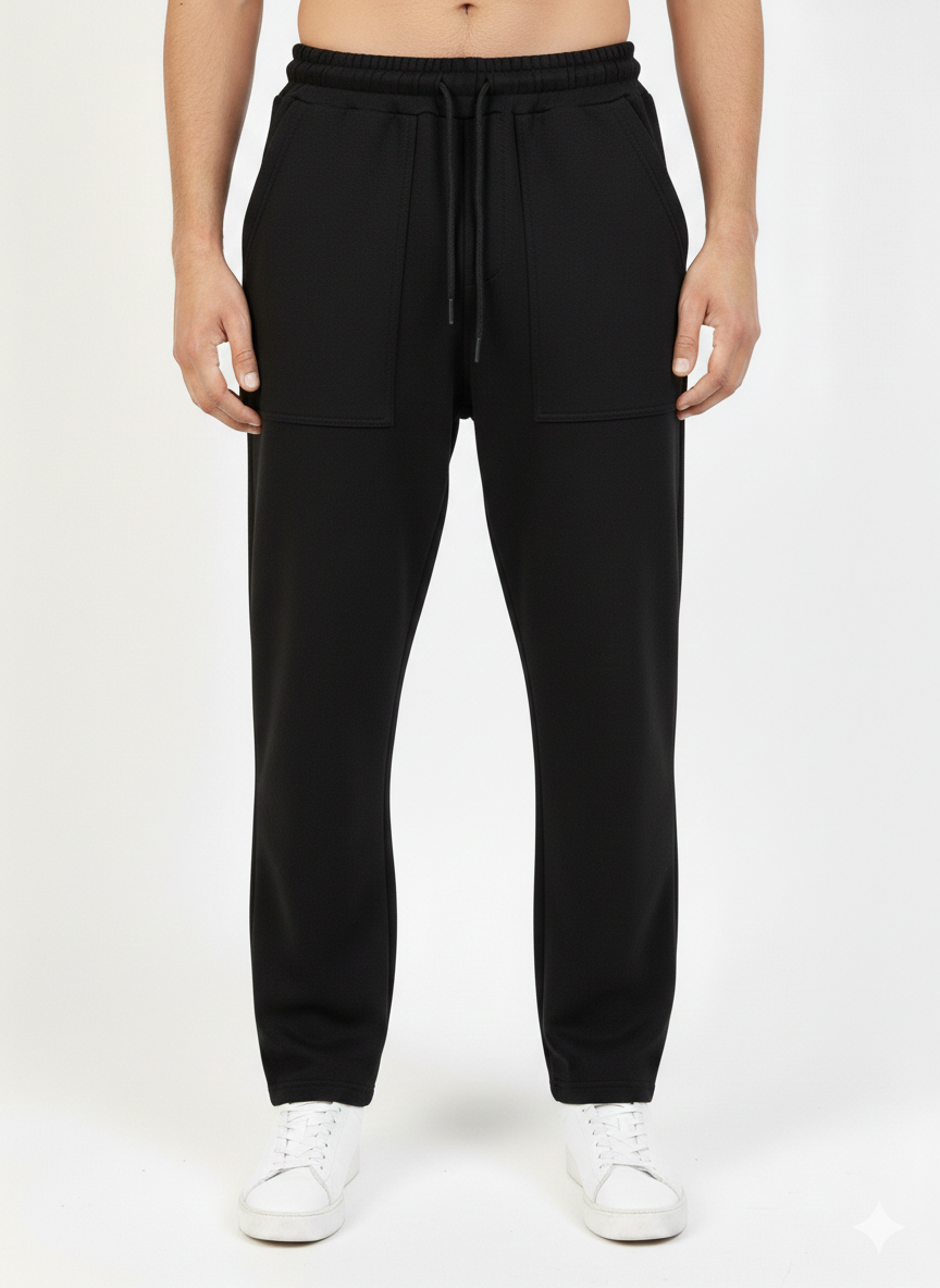 Patch Pocket terry Lycra Loose Bottom Trouser Black