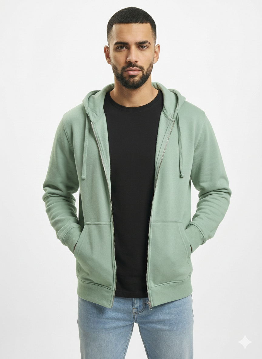 Men's Powder Green Fleece Zipper Hoodie