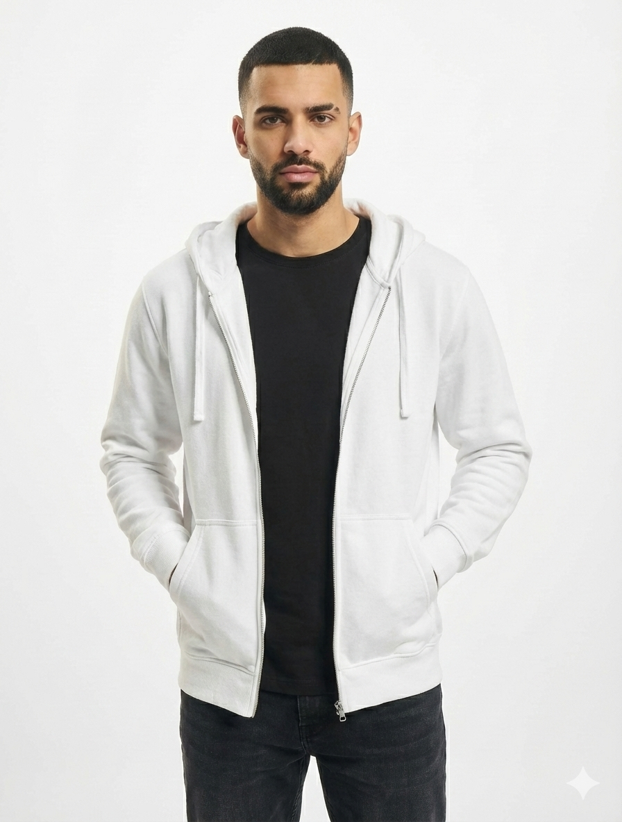 Men's White Fleece Zipper Hoodie