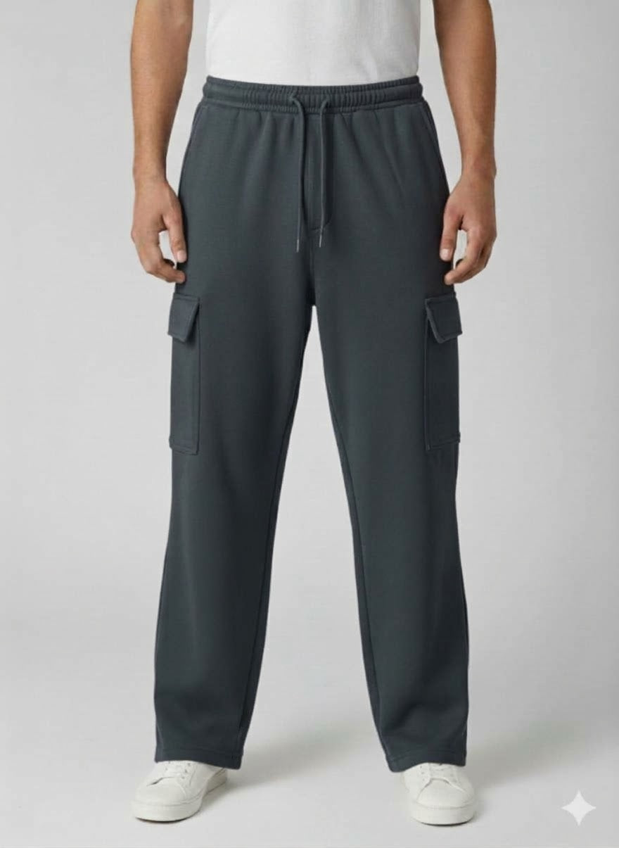 Cotton Fleece Loose Bottom Cargo Trouser Grey